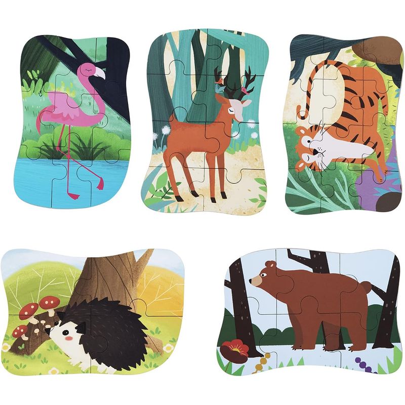 Jucarii, Copii si Bebe - Jucarii si jocuri - Jucarii & jocuri educative - Jocuri si jucarii educative - Set 5 Puzzles pentru incepatori, Diferite Nivele de Complexitate, Cutie Metalica, Flamingo si animale de padure, 3 ani + - Infinity.ro