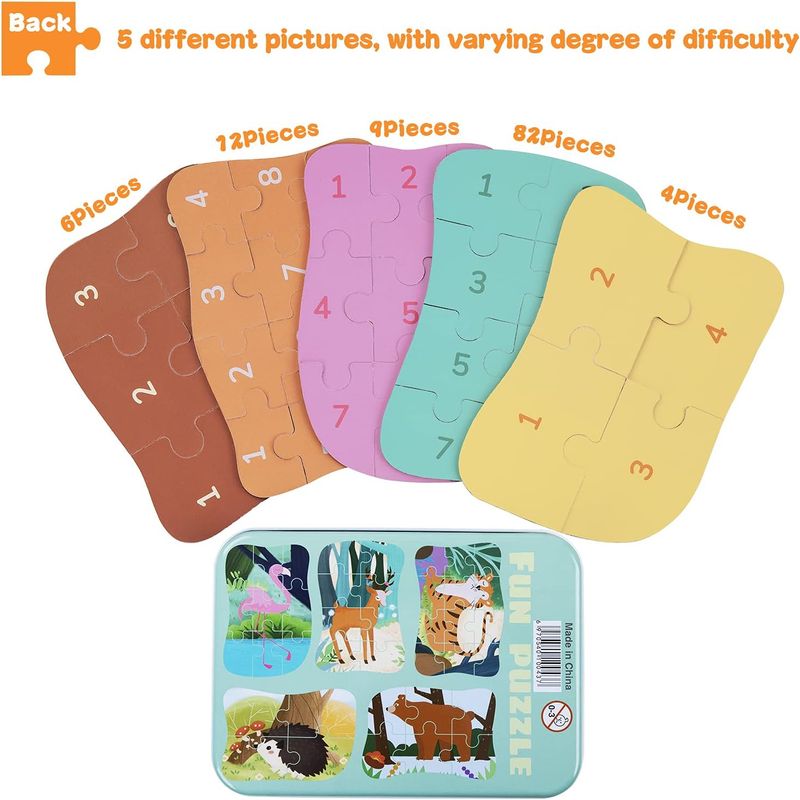 Jucarii, Copii si Bebe - Jucarii si jocuri - Jucarii & jocuri educative - Jocuri si jucarii educative - Set 5 Puzzles pentru incepatori, Diferite Nivele de Complexitate, Cutie Metalica, Flamingo si animale de padure, 3 ani + - Infinity.ro