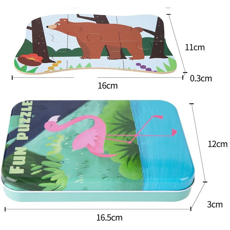 Jucarii, Copii si Bebe - Jucarii si jocuri - Jucarii & jocuri educative - Jocuri si jucarii educative - Set 5 Puzzles pentru incepatori, Diferite Nivele de Complexitate, Cutie Metalica, Flamingo si animale de padure, 3 ani + - Infinity.ro