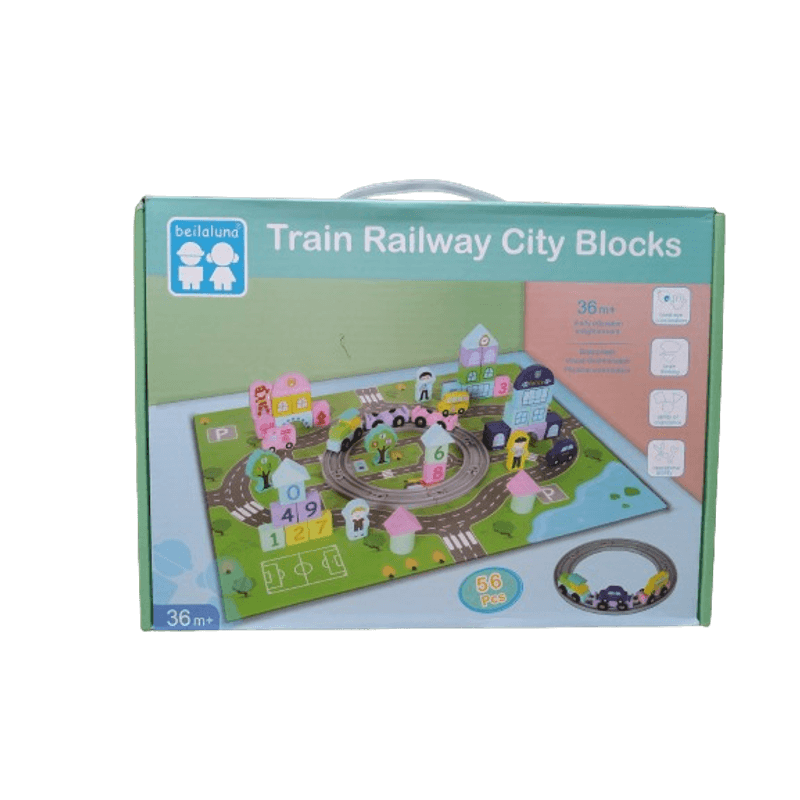 Jucarii, Copii si Bebe - Jucarii si jocuri - Jucarii & jocuri educative - Jucarii interactive - Set Cuburi constructie Oraselul cu Trenulet din lemn, Train Railway City, Beilaluna, 3 ani+ - Infinity.ro