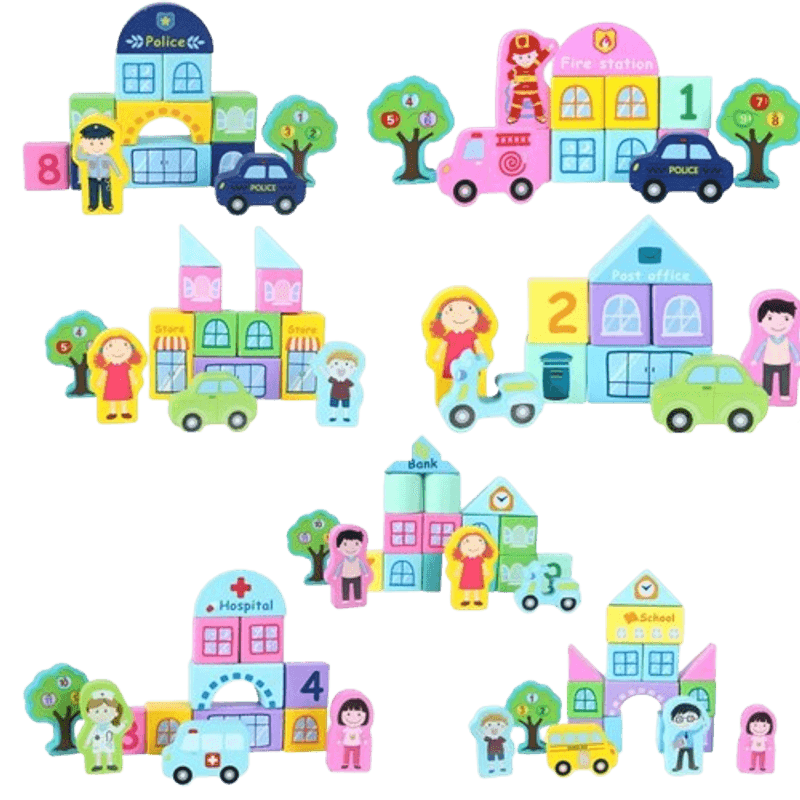 Jucarii, Copii si Bebe - Jucarii si jocuri - Jucarii & jocuri educative - Jucarii interactive - Set Cuburi constructie Oraselul cu Trenulet din lemn, Train Railway City, Beilaluna, 3 ani+ - Infinity.ro