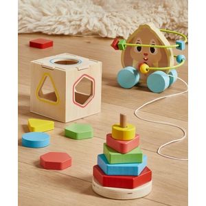 Set 3 jucarii educative, lemn, piramida, sortator forme geometrice, figurina cu labirint de tras, 12 luni+