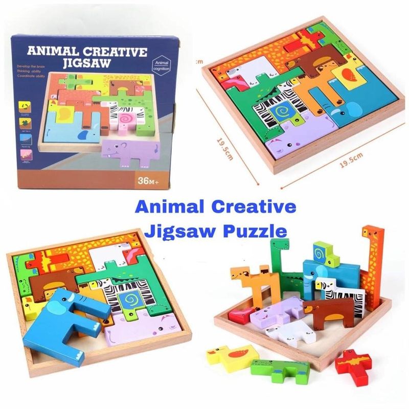 Jucarii, Copii si Bebe - Jucarii si jocuri - Jucarii & jocuri educative - Jocuri si jucarii educative - Joc educativ, Tetris animale, 10 figurine de lemn pentru stivuire, asamblare, Animal Creative JigSaw, 3 ani, EduJucarii - Infinity.ro