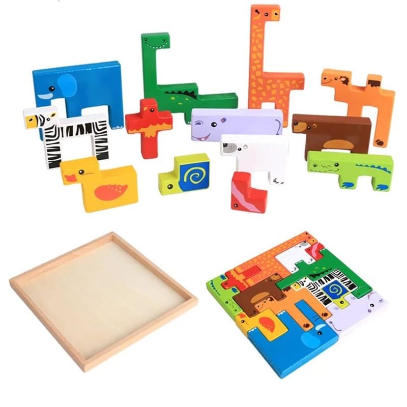 Jucarii, Copii si Bebe - Jucarii si jocuri - Jucarii & jocuri educative - Jocuri si jucarii educative - Joc educativ, Tetris animale, 10 figurine de lemn pentru stivuire, asamblare, Animal Creative JigSaw, 3 ani, EduJucarii - Infinity.ro