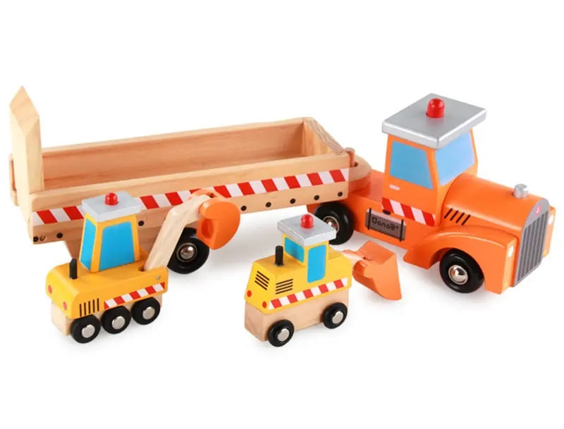 Set de Jucarii din Lemn, Tractor cu Platforma, Buldozer si Excavator, 4 Piese, 40 cm, 3 ani+