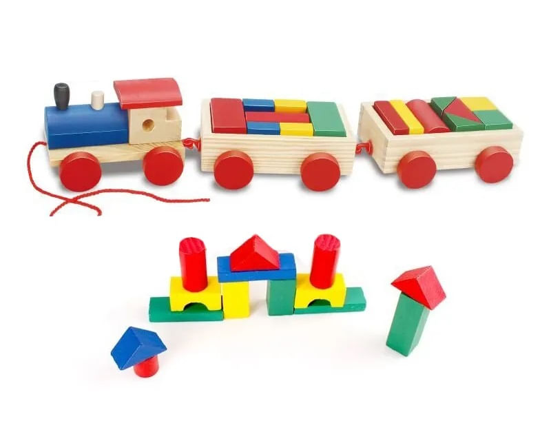Jucarie din lemn Trenulet, set de construit, 18 piese, forme geometrice, 3 ani+, EduJucarii