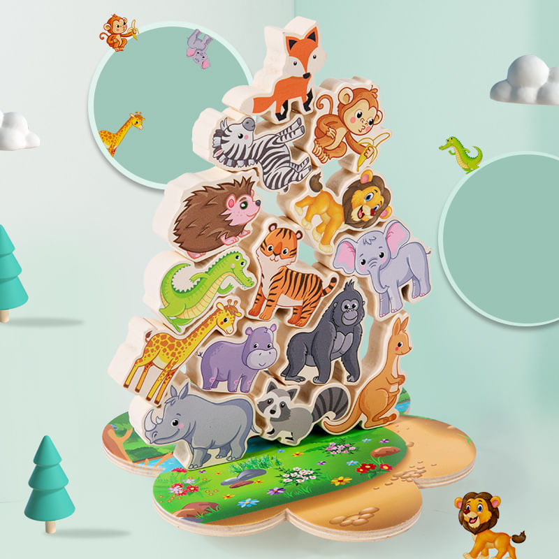 Jucarii, Copii si Bebe - Jucarii si jocuri - Figurine - Jucarie educativa Montessori pentru copii, set 14 figurine de lemn pentru stivuire, Animal Balance, 3 ani, EduJucarii - Infinity.ro