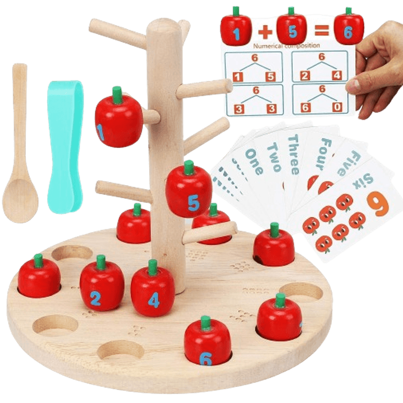 Jucarii, Copii si Bebe - Jucarii si jocuri - Jucarii & jocuri educative - Jocuri de memorie si inteligenta - Joc Montessori de Matematica si Indemanare, Pomul cu Mere, 10 mere, 10 cartonase, 3 ani+, EduJucarii - Infinity.ro