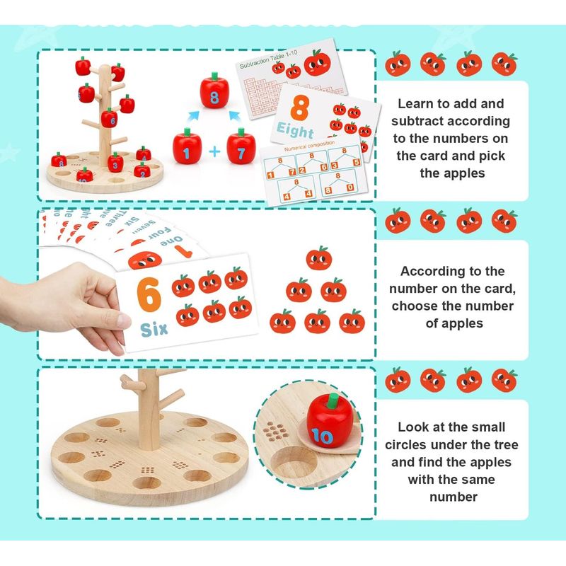 Jucarii, Copii si Bebe - Jucarii si jocuri - Jucarii & jocuri educative - Jocuri de memorie si inteligenta - Joc Montessori de Matematica si Indemanare, Pomul cu Mere, 10 mere, 10 cartonase, 3 ani+, EduJucarii - Infinity.ro