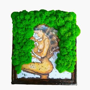 Decoratiune pentru interior, tablou cu licheni, copacul vietii trunchi-femeie, 25x23 cm, verde