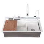 Casa si Gradina - Sanitare - Chiuveta bucatarie si accesorii - Chiuvete bucatarie - Chiuveta bucatarie multifunctionala, Dus Extractabil, Tocator Lemn, LCD Temperatura, 2 Jeturi Apa, Alb, 75x46 cm - Infinity.ro