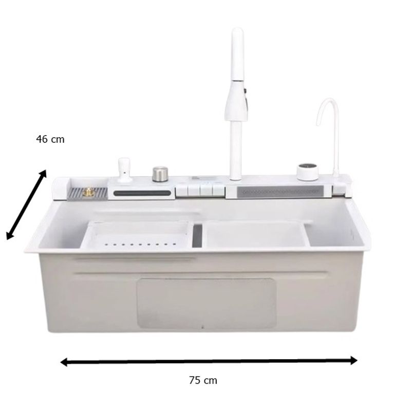 Casa si Gradina - Sanitare - Chiuveta bucatarie si accesorii - Chiuvete bucatarie - Chiuveta bucatarie multifunctionala, Dus Extractabil, Tocator Lemn, LCD Temperatura, 2 Jeturi Apa, Alb, 75x46 cm - Infinity.ro