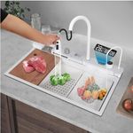 Casa si Gradina - Sanitare - Chiuveta bucatarie si accesorii - Chiuvete bucatarie - Chiuveta bucatarie multifunctionala, Dus Extractabil, Tocator Lemn, LCD Temperatura, 2 Jeturi Apa, Alb, 75x46 cm - Infinity.ro