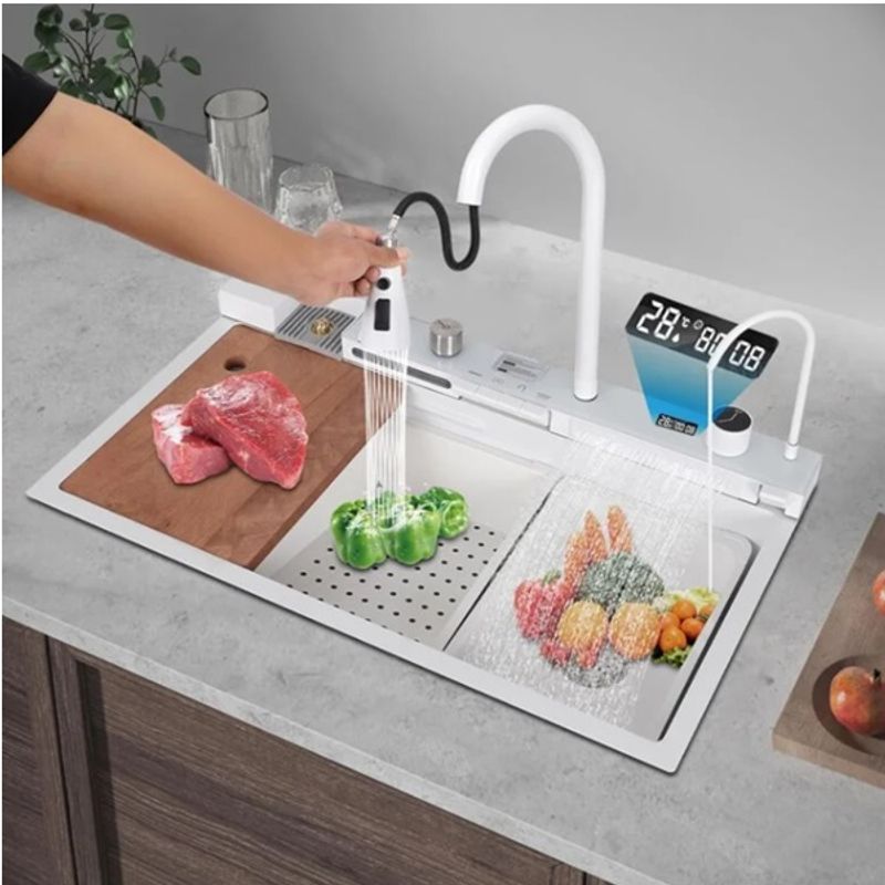 Casa si Gradina - Sanitare - Chiuveta bucatarie si accesorii - Chiuvete bucatarie - Chiuveta bucatarie multifunctionala, Dus Extractabil, Tocator Lemn, LCD Temperatura, 2 Jeturi Apa, Alb, 75x46 cm - Infinity.ro
