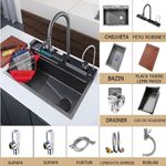 Casa si Gradina - Sanitare - Chiuveta bucatarie si accesorii - Chiuvete bucatarie - Chiuveta bucatarie multifunctionala, Dus Extractabil, Tocator Lemn, LCD Temperatura, 2 Jeturi Apa, Negru, 75x46 cm - Infinity.ro