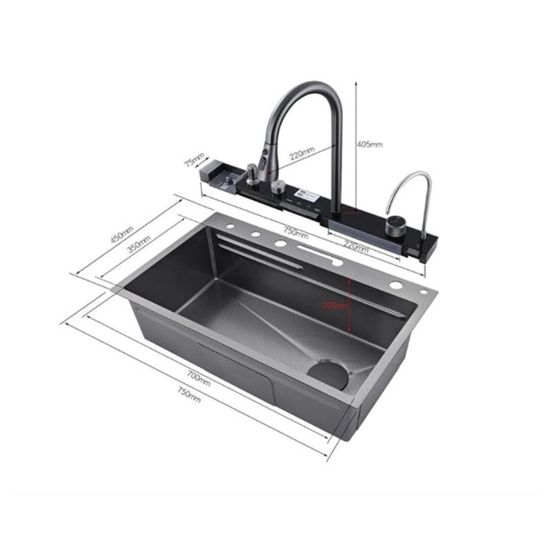 Casa si Gradina - Sanitare - Chiuveta bucatarie si accesorii - Chiuvete bucatarie - Chiuveta bucatarie multifunctionala, Dus Extractabil, Tocator Lemn, LCD Temperatura, 2 Jeturi Apa, Negru, 75x46 cm - Infinity.ro