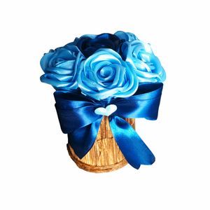 Aranjament flori de satin, realizat manual, 16x14 cm, albastru