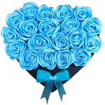 Market - Cadouri - Flori si aranjamente - Aranjament flori satin, cutie inima cu suport, 19 trandafiri, 25 cm, albastru - Infinity.ro