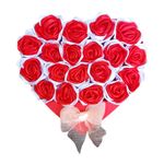 Market - Cadouri - Flori si aranjamente - Aranjament flori satin, cutie inima cu suport, 19 trandafiri, 25 cm, rosu si alb - Infinity.ro