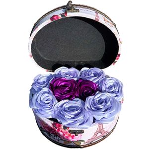 Aranjament flori satin, cufar cu 9 trandafiri, 20x15 cm, mov