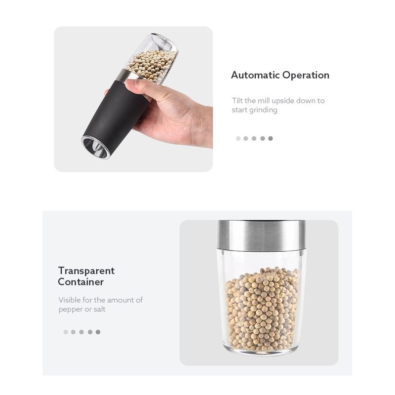 Casa si Gradina - Bucatarie si vesela - Ustensile bucatarie - Rasnite si dozatoare condimente - Set de 2 Rasnite Electrice cu Suport, din ABS si Otel inoxidabil, 50 ml, 20x6.5x5.3cm, Negru - Infinity.ro