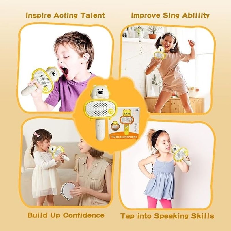 Jucarii, Copii si Bebe - Jucarii si jocuri - Jucarii de rol - Instrumente muzicale de jucarie - Microfon si difuzor pentru karaoke, pentru copii 3 ani+, Bluetooth, Plastic, Alb-Galben - Infinity.ro