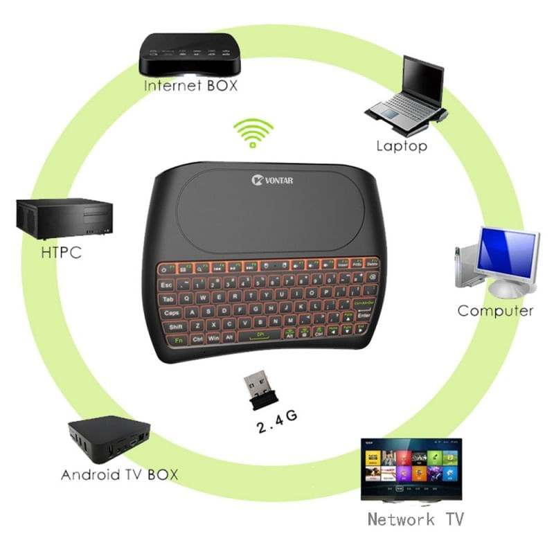 PC, gaming si accesorii - Periferice PC - Tastaturi - Tastatura Wireless Techstar® Vontar D8, Iluminata, 7 Culori, Android TV, PC, Smart - Infinity.ro