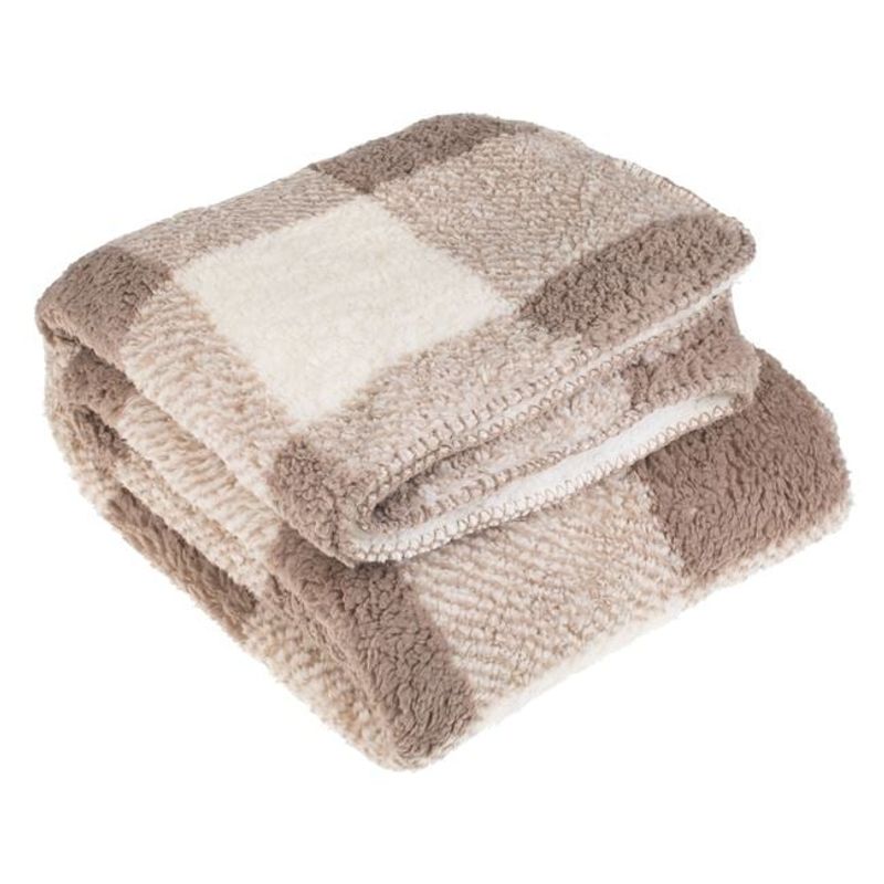 Casa si Gradina - Textile si covoare - Pături și cuverturi - Cuverturi - Cuvertura decorativa pentru iarna, cu doua fete catifelate, aspect de blanita cu model in carouri, 160x130 cm, crem/maro - Infinity.ro