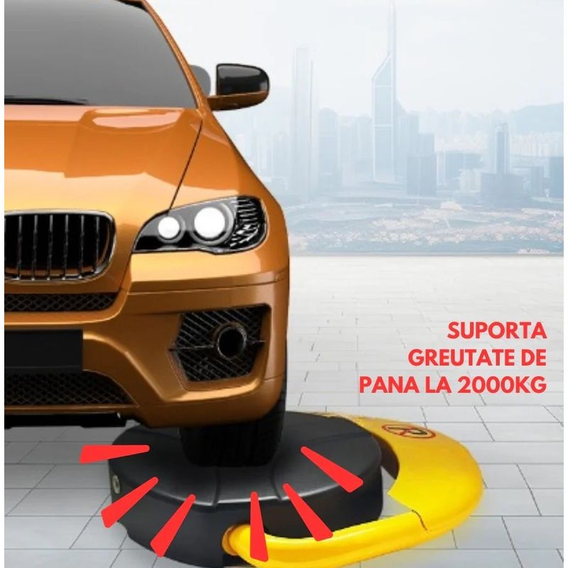 Casa si Gradina - Constructii - Scule de mana si unelte - Accesorii scule de mana - Blocator de parcare cu telecomanda, acumulator si cablu USB, maxim 2000kg, 3.8kg, 40 x 45 x 12.5 x 7.5 cm, galben-negru - Infinity.ro