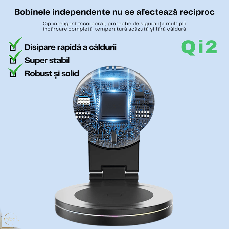 Laptop, Telefoane si Tablete - Telefoane mobile si accesorii - Accesorii Telefoane - Incarcatoare telefoane - Incarcator wireless Qi2 Fast Charge 15W, Statie de incarcare 3in1 rotativ 360°, Pliabil, Telefon-Smartwatch-Casti, Negru - Infinity.ro