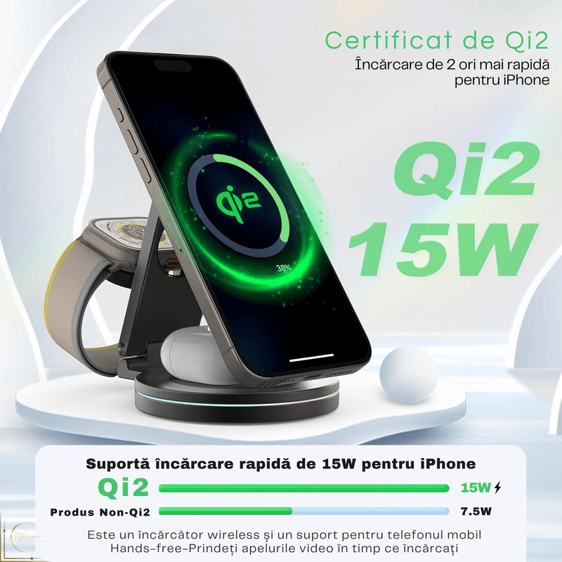 Laptop, Telefoane si Tablete - Telefoane mobile si accesorii - Accesorii Telefoane - Incarcatoare telefoane - Incarcator wireless Qi2 Fast Charge 15W, Statie de incarcare 3in1 rotativ 360°, Pliabil, Telefon-Smartwatch-Casti, Negru - Infinity.ro