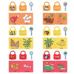 Jucarii, Copii si Bebe - Jucarii si jocuri - Jucarii & jocuri educative - Jucarii interactive - Set 6  Lacate, 6 chei, cartonase asociere cu imagini, Panda, Vacuta, Catelus, cuvinte, 18 piese, 3 ani +, Edujucarii - Infinity.ro