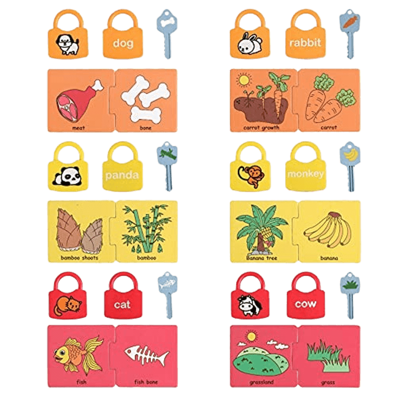 Jucarii, Copii si Bebe - Jucarii si jocuri - Jucarii & jocuri educative - Jucarii interactive - Set 6  Lacate, 6 chei, cartonase asociere cu imagini, Panda, Vacuta, Catelus, cuvinte, 18 piese, 3 ani +, Edujucarii - Infinity.ro