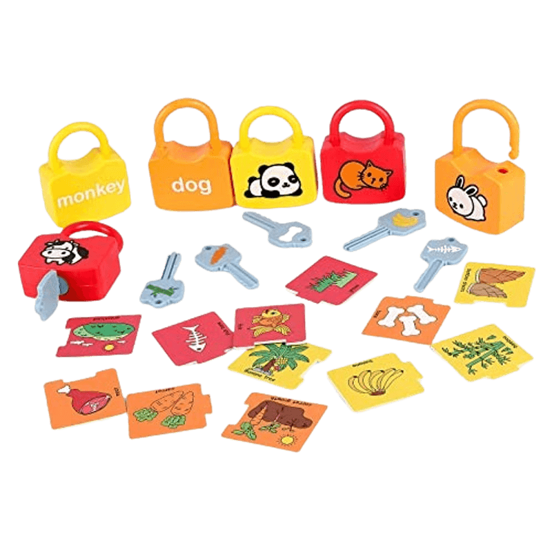 Jucarii, Copii si Bebe - Jucarii si jocuri - Jucarii & jocuri educative - Jucarii interactive - Set 6  Lacate, 6 chei, cartonase asociere cu imagini, Panda, Vacuta, Catelus, cuvinte, 18 piese, 3 ani +, Edujucarii - Infinity.ro