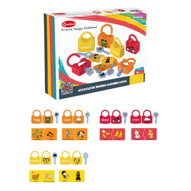 Jucarii, Copii si Bebe - Jucarii si jocuri - Jucarii & jocuri educative - Jucarii interactive - Set 6  Lacate, 6 chei, cartonase de asociere imagini diverse, Broscuta, Norisori, Cuvinte, 18 piese, 3 ani +, Edujucarii - Infinity.ro