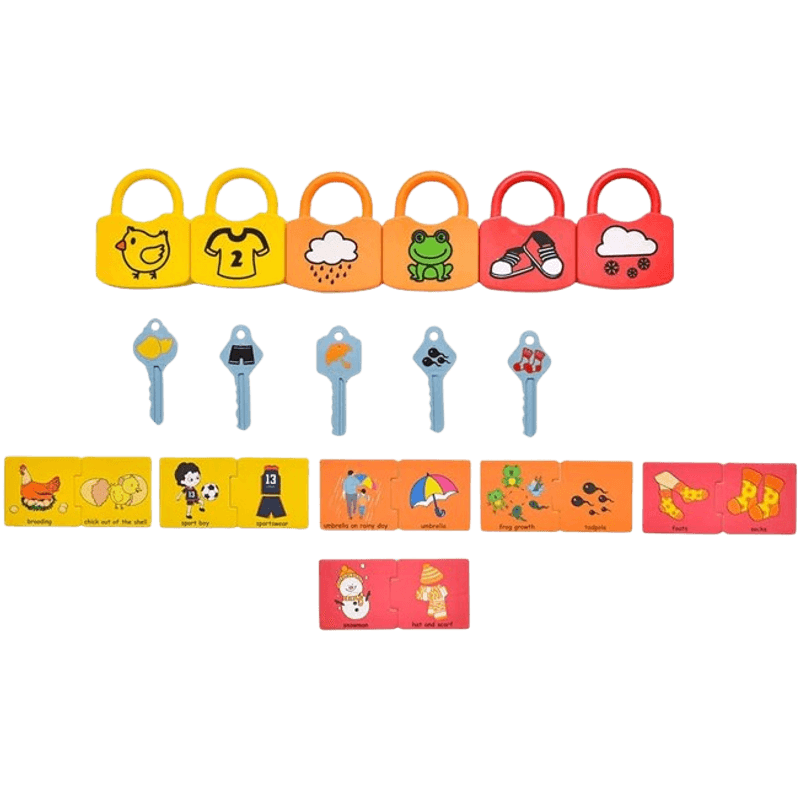 Jucarii, Copii si Bebe - Jucarii si jocuri - Jucarii & jocuri educative - Jucarii interactive - Set 6  Lacate, 6 chei, cartonase de asociere imagini diverse, Broscuta, Norisori, Cuvinte, 18 piese, 3 ani +, Edujucarii - Infinity.ro