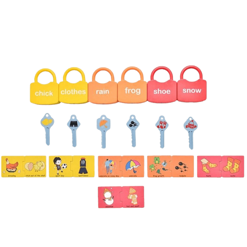 Jucarii, Copii si Bebe - Jucarii si jocuri - Jucarii & jocuri educative - Jucarii interactive - Set 6  Lacate, 6 chei, cartonase de asociere imagini diverse, Broscuta, Norisori, Cuvinte, 18 piese, 3 ani +, Edujucarii - Infinity.ro