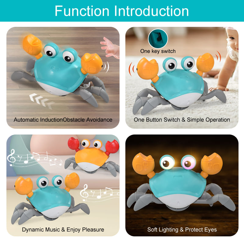 Jucarii, Copii si Bebe - Jucarii si jocuri - Jucarii bebelusi - Jucarii interactive bebelusi - Jucarie interactiva Crab cu sunete, lumini, se deplaseaza si canta, senzori bstacole, inductie, cablu USB, 3 ani+ - Infinity.ro
