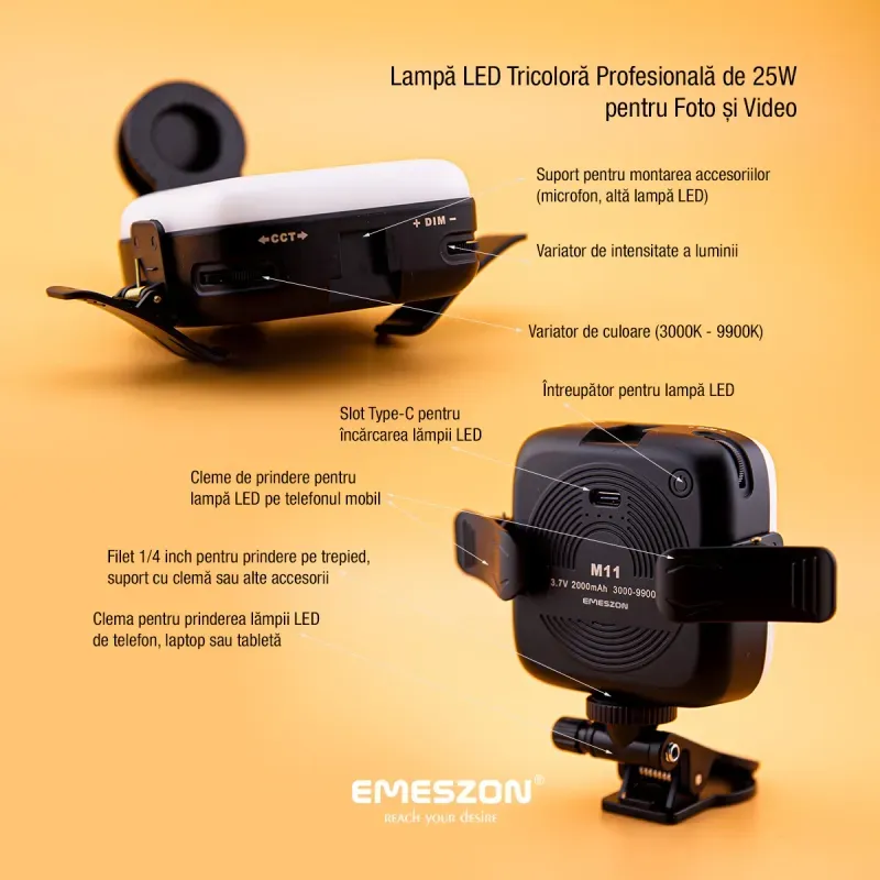 Laptop, Telefoane si Tablete - Telefoane mobile si accesorii - Accesorii Telefoane - Alte accesorii telefoane - Lampa Selfie LED Tricolora Profesionala si Portabila, EMESZON® M11, 25W, Type-C, Culoare 3000K-9900K, 2000 mAh, negru - Infinity.ro