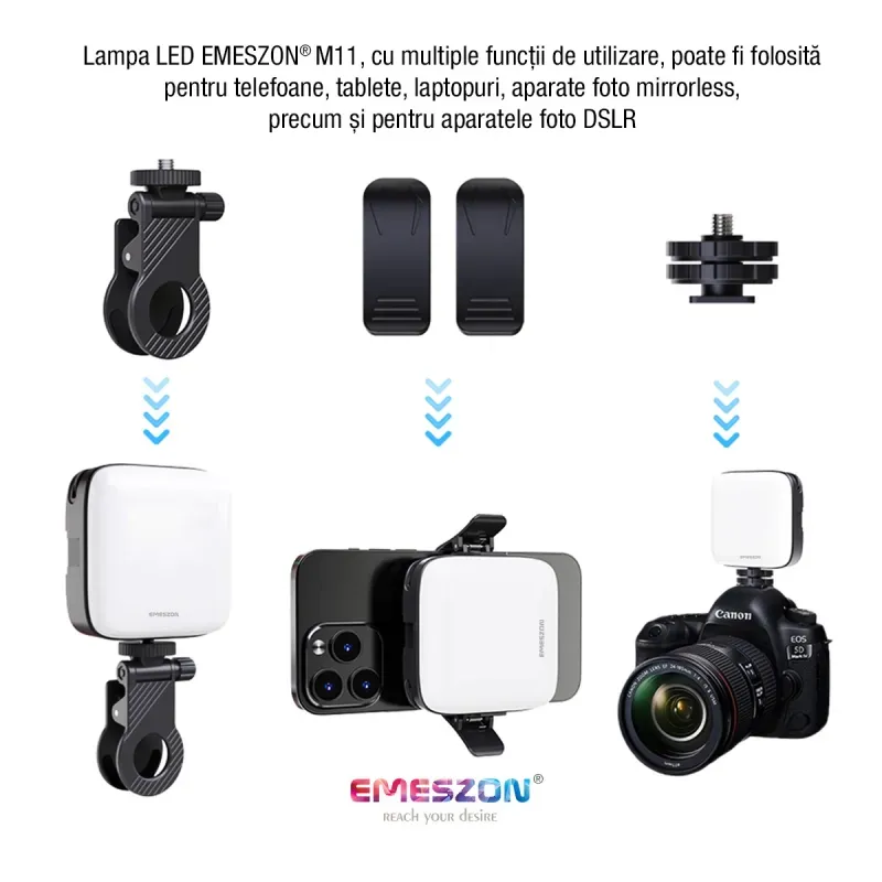 Laptop, Telefoane si Tablete - Telefoane mobile si accesorii - Accesorii Telefoane - Alte accesorii telefoane - Lampa Selfie LED Tricolora Profesionala si Portabila, EMESZON® M11, 25W, Type-C, Culoare 3000K-9900K, 2000 mAh, negru - Infinity.ro