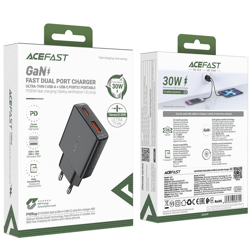 Laptop, Telefoane si Tablete - Telefoane mobile si accesorii - Accesorii Telefoane - Incarcatoare telefoane - Incarcator Type-C, USB, pentru Priza, PD30W, GaN - Acefast (A69) - Black - Infinity.ro