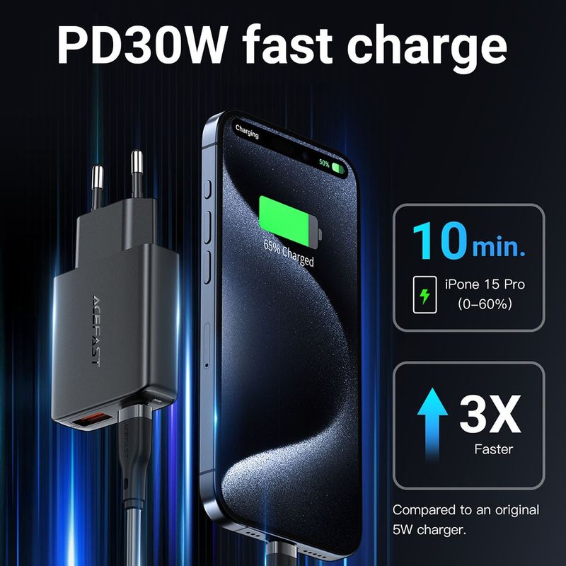 Laptop, Telefoane si Tablete - Telefoane mobile si accesorii - Accesorii Telefoane - Incarcatoare telefoane - Incarcator Type-C, USB, pentru Priza, PD30W, GaN - Acefast (A69) - Black - Infinity.ro
