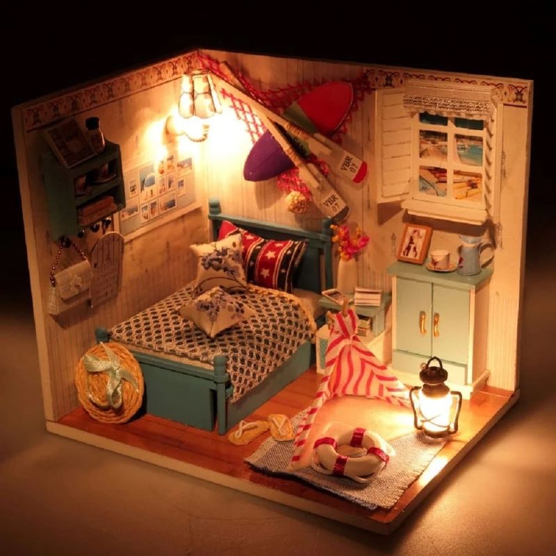 Jucarii, Copii si Bebe - Jucarii si jocuri - Papusi si accesorii - Casute de papusi si mobilier - Kit DIY Casuta din lemn, de asamblat, pentru copii, cu mobilier, accesorii si lumina LED, 14.6x10.5x12.2 cm, multicolor - Infinity.ro