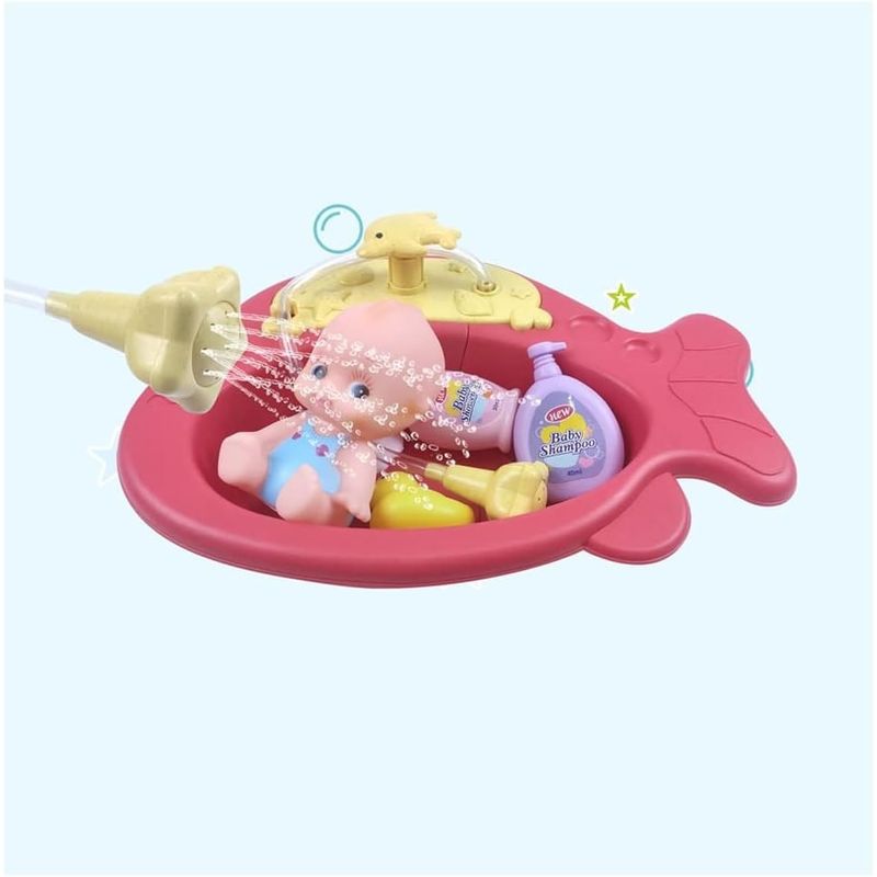 Jucarii, Copii si Bebe - Jucarii si jocuri - Jucarii bebelusi - Jucarii de baie - Set de joaca pentru copii 3+ ani, cu cadita in forma de peste, bebelus si accesorii baie, stropeste cu apa, 34x34 cm - Infinity.ro