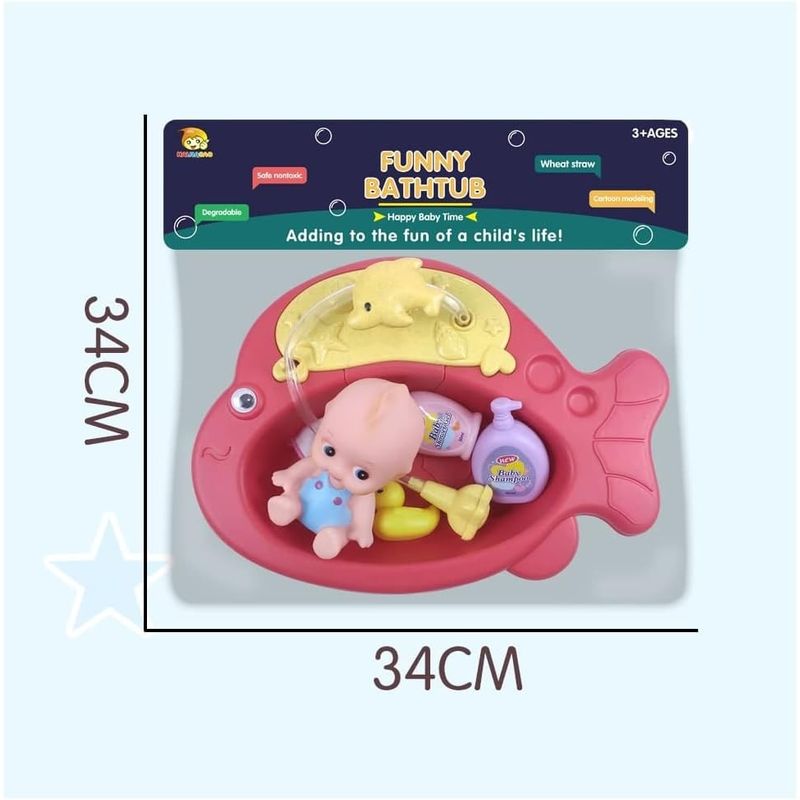Jucarii, Copii si Bebe - Jucarii si jocuri - Jucarii bebelusi - Jucarii de baie - Set de joaca pentru copii 3+ ani, cu cadita in forma de peste, bebelus si accesorii baie, stropeste cu apa, 34x34 cm - Infinity.ro