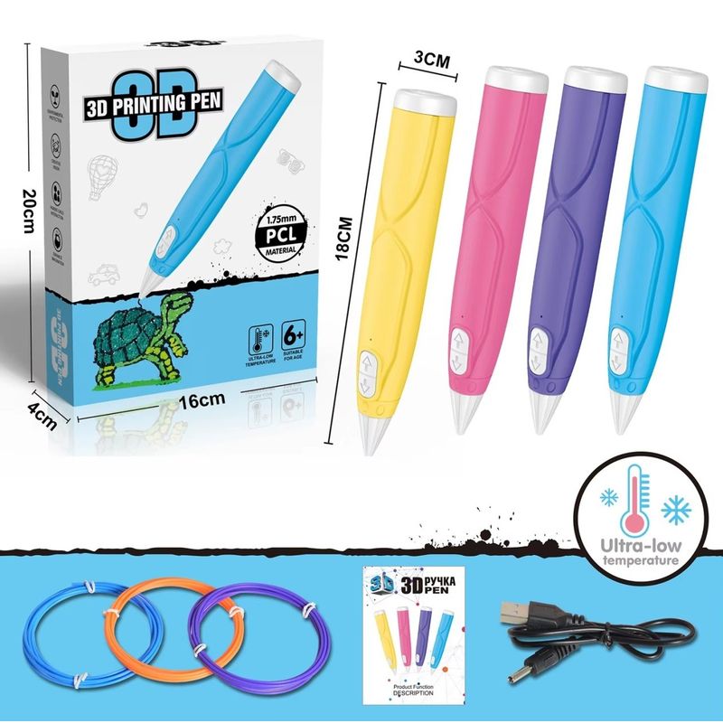 PC, gaming si accesorii - Imprimante, scanere & consumabile - Imprimare 3D - Creioane 3D - Set Stilou 3D cu 3 filamente colorate 1.75 mm, 18x3 cm, Mov - Infinity.ro