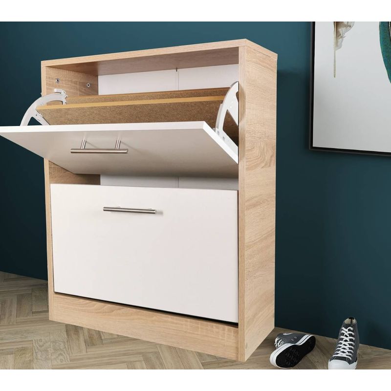Casa si Gradina - Mobilier - Organizare si depozitare - Organizator incaltaminte - Pantofar Ancona cu doua sertare, stejar alb si alb, 63x24x81.5 cm - Infinity.ro