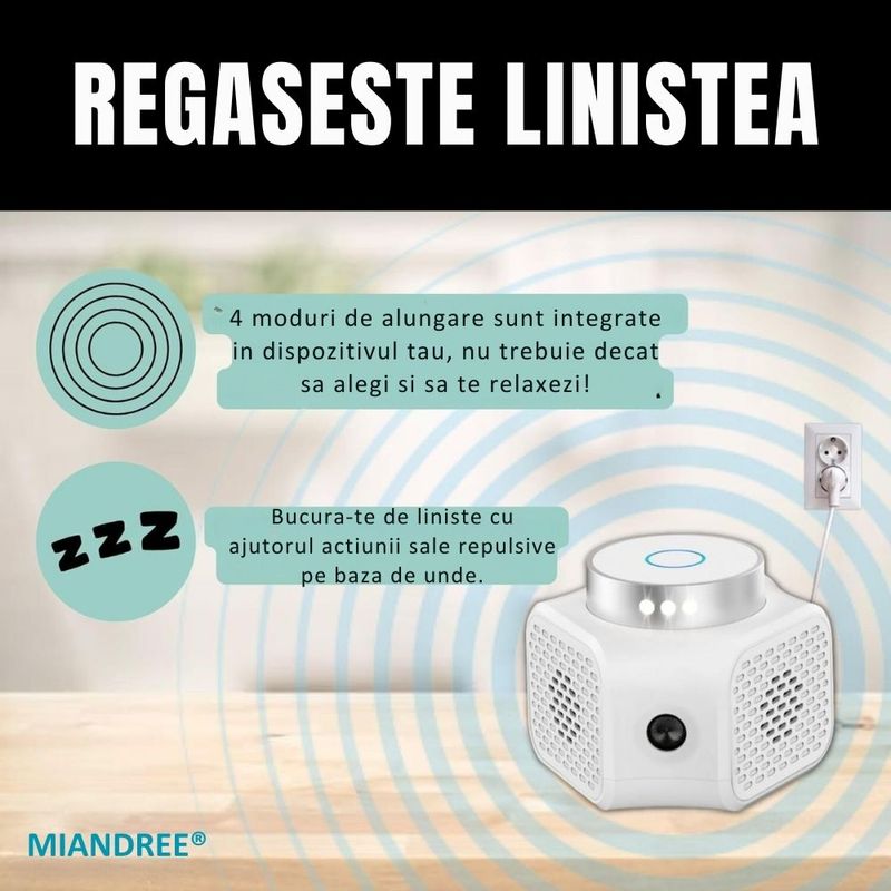 Casa si Gradina - Gradinarit si plante - Intretinere gradina - Articole daunatori gradina - Aparat Anti Rozatoare cu Ultrasunete, MIANDREE®, Tehnologie Duala, Anti Soareci, Sobolani, Acoperire 120m², Actiune 360° - Infinity.ro