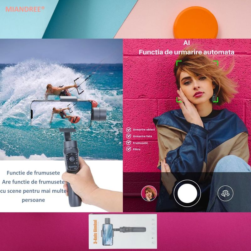TV, Audio-Video si Foto - Aparate foto si accesorii - Accesorii foto si video - Stabilizatoare de imagine - Stabilizator pentru Telefon MIANDREE® F10 Pro Gimbal - Stabilizare pe 3 Axe, Bluetooth, Aplicatie iOS & Android - Infinity.ro