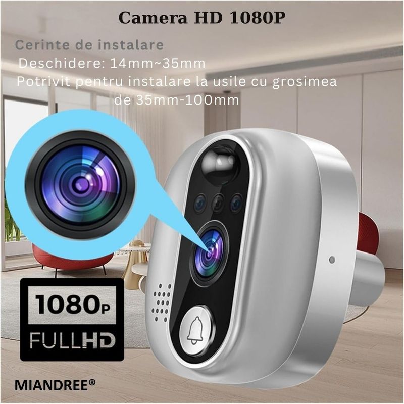Casa si Gradina - Electrice - Smart Home - Control acces si accesorii - Vizor Electronic Inteligent Wi-Fi, MIANDREE®, Camera 1080P HD, LCD 4.3 Inch, Senzor Miscare, Audio Bidirectional - Infinity.ro